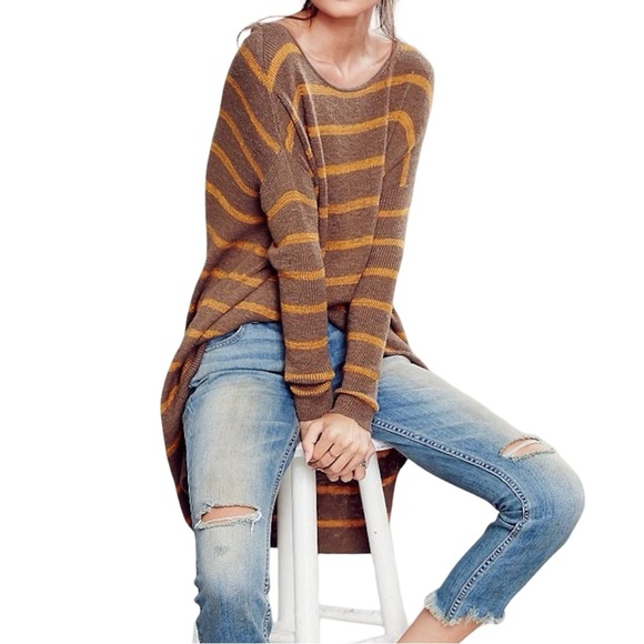 FREE PEOPLE Brown Yellow Stripe Pullover Tunic Oversized Knit Sweater Dress L - Picture 1 of 9
